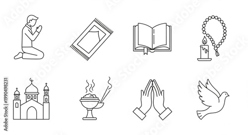 Islamic religious symbols and prayer icons line art collection.