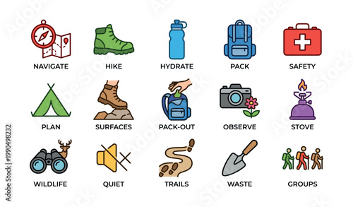 Backcountry etiquette and safety icons for hiking on white background
