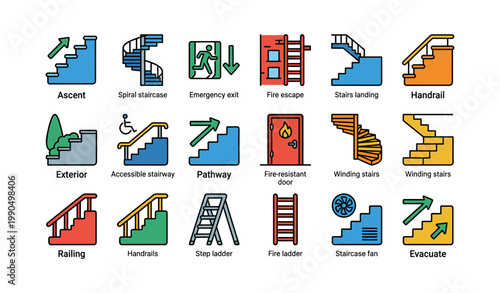 Stair and staircase icons showing steps handrails exits and ladders