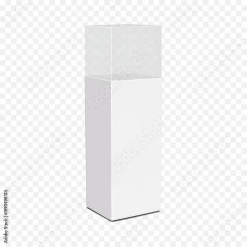 Blank white pedestal with transparent case. Realistic 3d vector mockup. Product display podium stand with clear top. Easy editable mock-up. Exhibition plinth. Template for design