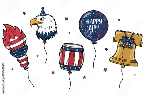 Celebrate Independence Day with festive balloons featuring American symbols like a torch, eagle, drum, and Liberty Bell, perfect for your 4th of July decorations and party themes
