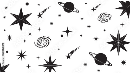 Stars and orbiting planets scattered across a minimalist white background provide a clean celestial design element.
