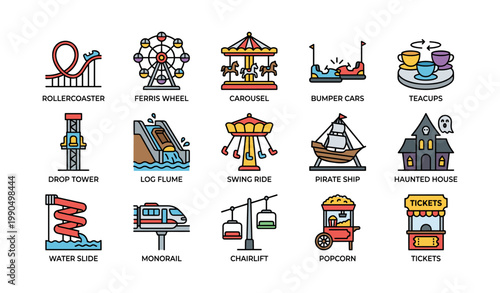 Amusement park icons showing rides and concession on white background