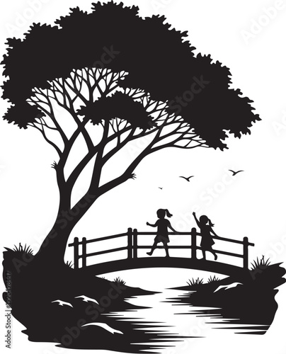 Black silhouette children on bridge, tree landscape vector, kids playing outdoors, nature scenery