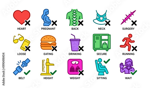Safety icons showing allowed and prohibited actions, white background