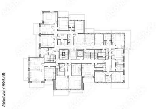 Comprehensive CAD architectural concept drawing illustrating a detailed floor plan layout for a modern multi-story building, optimized for efficient space utilization