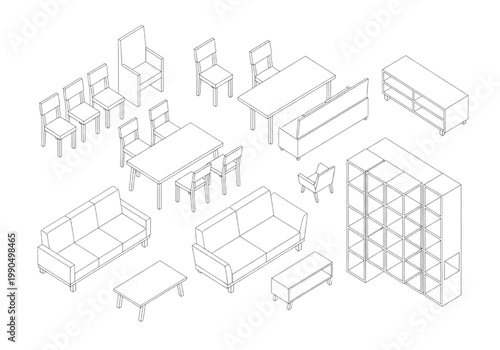 A comprehensive set of isometric CAD drawings featuring various household and office furniture items, ideal for interior design planning and architectural layouts in a minimalist outline style
