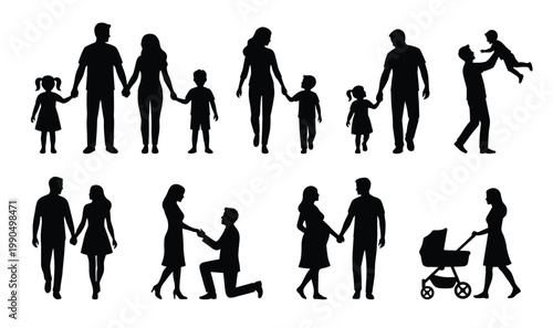 Family silhouettes set with parents and children.