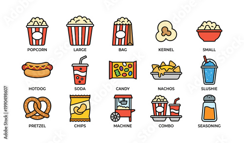 Concession and snack icons showing popcorn drinks and movie treats