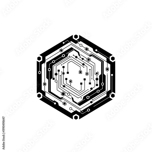 Circuit board design with hexagons.