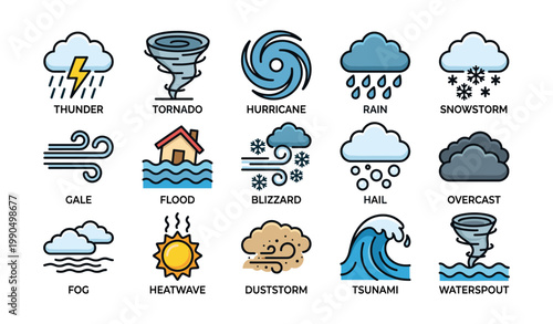 Weather hazard icons depicting storms and extreme conditions on white