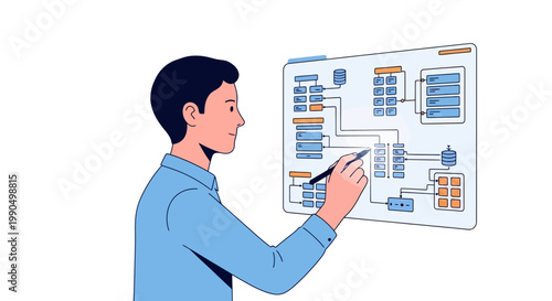 Businessman analyzing complex flowchart diagram on whiteboard in modern minimalist office setting with blue shirt and marker in hand