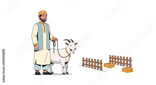 Man in traditional clothing holding a goat on a leash with hay bales and fences in the background illustration for rural life and farmin