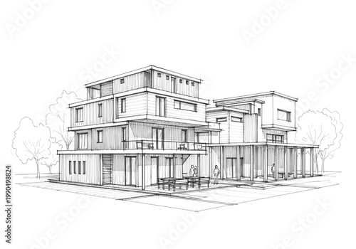 Architectural CAD Drawing of a Modern Residential Building Complex with Balconies and Glass Walls