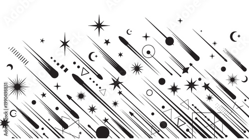 Shooting stars and celestial bodies drift across the frame in this decorative black and white graphic pattern.