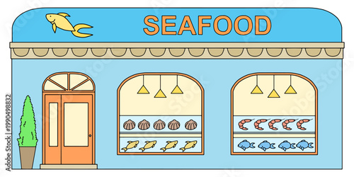 Seafood store building shop exterior graphic color isolated sketch illustration vector 