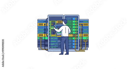 Man in white shirt and blue pants standing in front of large computer server rack with colorful wires and circuit boards, futuristic technological background with flat design