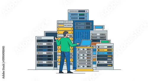 Person standing in front of large stack of computer servers, analyzing data, futuristic technology concept, digital age, network storage, IT infrastructure