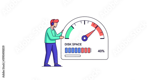 Man checking disk space meter with red needle on a white background in a modern flat design style with simple shapes and bold colors to represent technology and storage concepts
