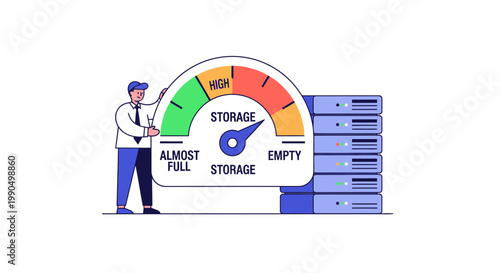 Man checking storage level indicator next to server stack in a minimalist flat design style within a technology and data storage context with a gauge showing almost full capacity