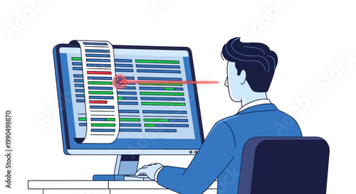 Businessman sitting at desk analyzing colorful spreadsheet on computer screen with focused expression in modern office setting flat design vector graphic