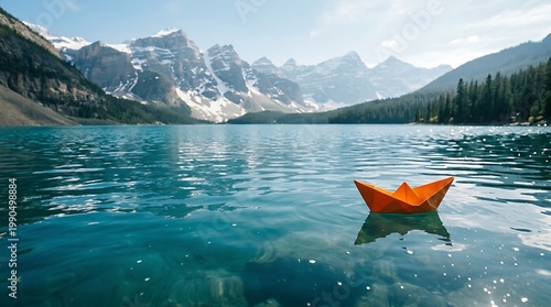 Perahu Kertas Oranye di Danau Alam dengan Latar Pegunungan Salju dan Hutan Pinus di Sekitar, Scene Alam yang Indah untuk Keindahan dan Petualangan