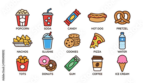 Concession snack icons showing food and drinks on white background