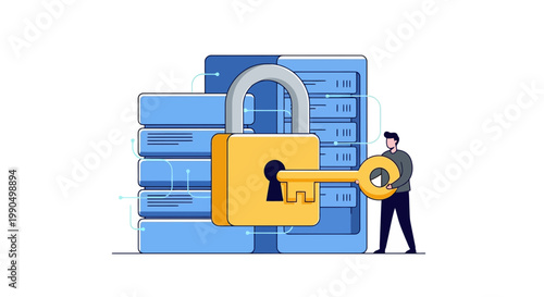 Businessman securing database with large golden key and lock, cybersecurity concept, minimalist flat design, technology and data protection theme, security measures, locking mechanism