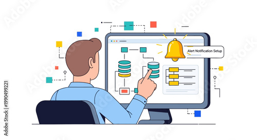 Software Developer Managing Database Alert Notifications on Computer Screen for Business Monitoring and Systems Reliability and Backend Operations