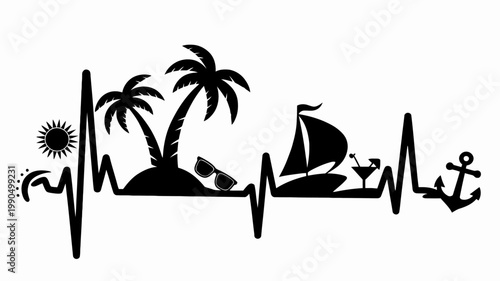 A stylized heartbeat line transforms into a tropical scene with palm trees, a sailboat, and an anchor. The design suggests a love for travel and the sea.