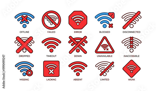 Wireless signal error icons indicating disconnection and weak coverage