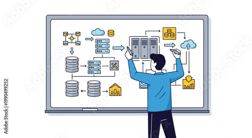 Engineer Drawing Complex Information Technology Network Infrastructure Diagram on Whiteboard for Data Center Management and Software Development