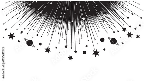 Meteor shower cascades from the top edge of the frame filled with scattered stars and orbiting planets.