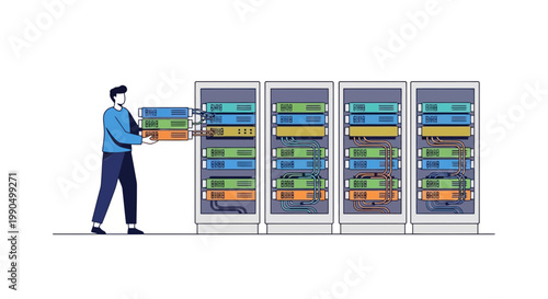 IT Technician Inserting Hardware Server Blade into Data Center Rack Cabinet for Network Infrastructure Maintenance and Information Technology Setup