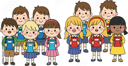 Cute School Children Group with Books, Diverse Cartoon Kids Students for Education, Learning, Classroom Activities and Friendly Vector Illustration.