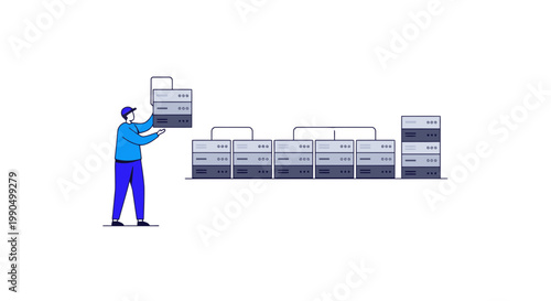 IT technician installing and maintaining server rack equipment in a data center for cloud infrastructure management and network connectivity tasks