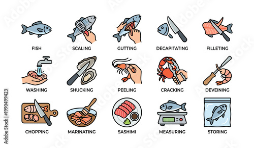 Seafood preparation icons showing fish cleaning and cooking steps