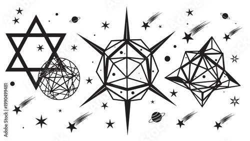 Geometric shapes including a star of David and abstract wireframe spheres float against a white background.
