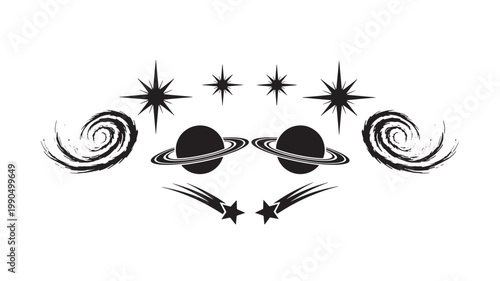 Horizontal arrangement of planetary rings and spiral galaxies forms a balanced celestial header.