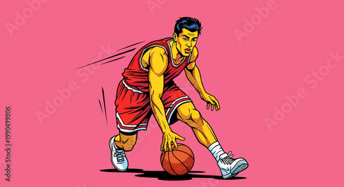 Basketball player dribbling a ball, ready to play. It's a dynamic illustration showcasing action and motion