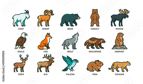 Wildlife animal icons showing mammals and birds on white background
