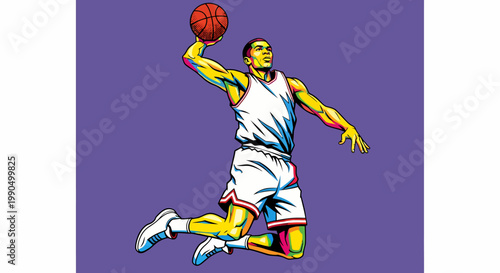 An illustration of a basketball player preparing to dunk the ball, showcasing athleticism and skill. The player is captured in mid-air with a ball in his hand