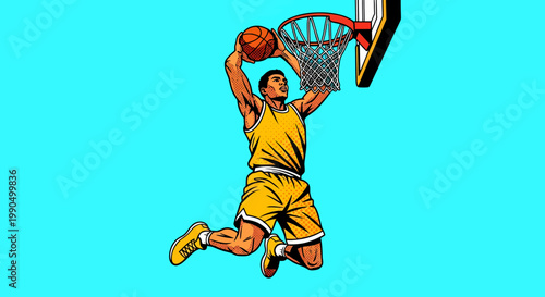 A basketball player making a slam dunk, basketball game action illustration. The athlete shows power and dynamism