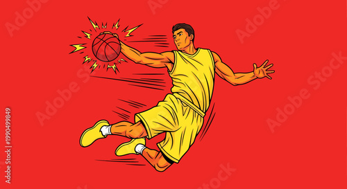 Dynamic basketball player executing a powerful dunk, poised mid-air with the ball