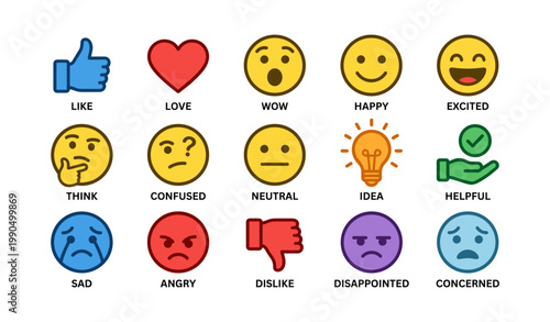 Emoji and reaction icons arranged in grid on white background