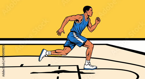 An illustration of a basketball player running on the court