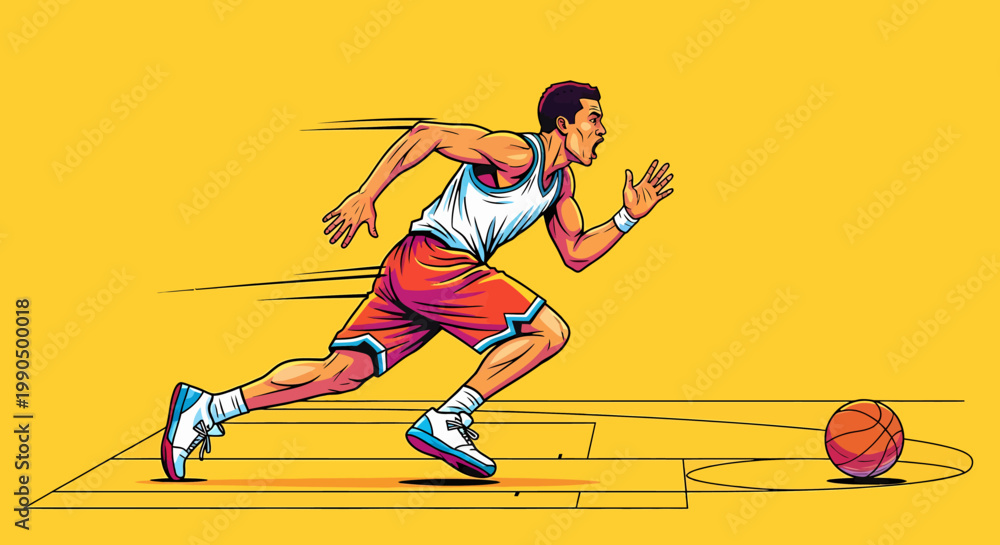 Fototapeta premium An energetic illustration of a basketball player dribbling the ball with dynamism and focus