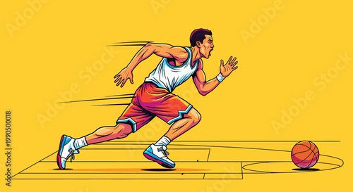 An energetic illustration of a basketball player dribbling the ball with dynamism and focus
