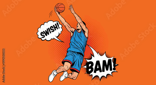 A basketball player making a slam dunk, with dynamic comic-style speech bubbles and an action-packed atmosphere.