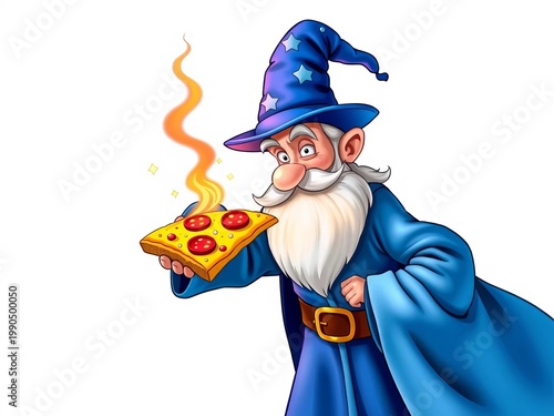 Whimsical wizard with blue robe and hat, casting a magical spell on a pizza slice with his wand, isolated on white ,  pizza,  white background